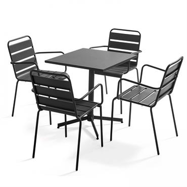 Ensemble table de jardin et 4 fauteuils en métal anthracite