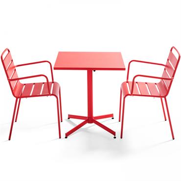Ensemble table de jardin bistrot et 2 fauteuils métal rouge