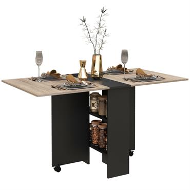 Table pliante sur roulettes 2 étagères noir aspect chêne clair