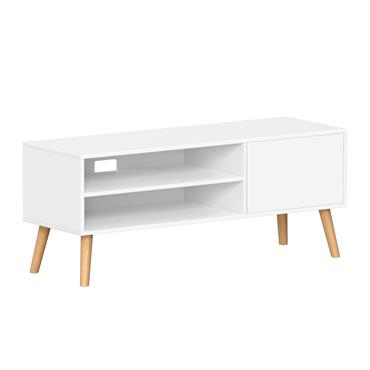 Meuble TV 120 cm avec placard et 2 étagères effet bois blanc