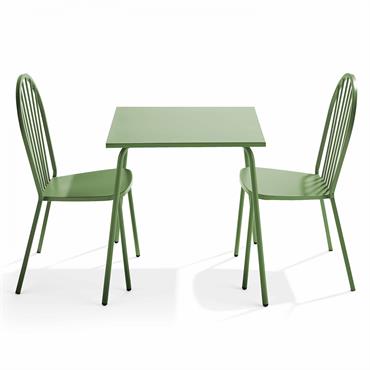 Ensemble table de jardin bistrot et 2 chaises en acier vert cactus