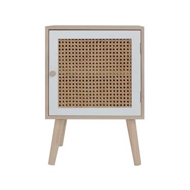 Table de chevet avec 1 porte en bois marron et rotin