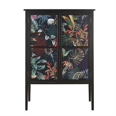 Meuble de rangement 2 portes en bois noir et motifs feuilles