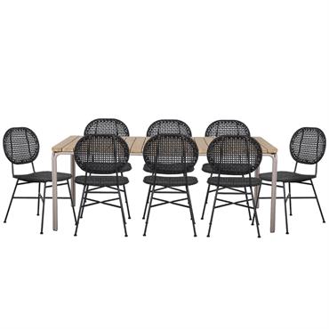 Ensemble table bois d'acacia  200 cm et 8 chaises  coloris noir