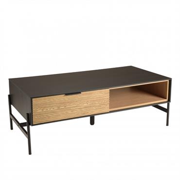 Table basse marron et noire 2 tiroirs 1 niche Pin pieds métal