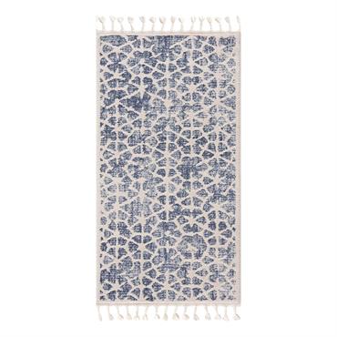 Tapis scandinave à franges tressées bleu et crème 80x300cm