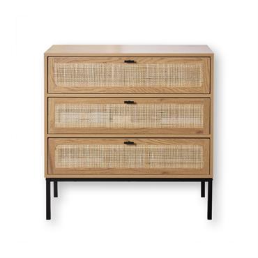 Commode 3 tiroirs décor chêne et façade en rotin - L80