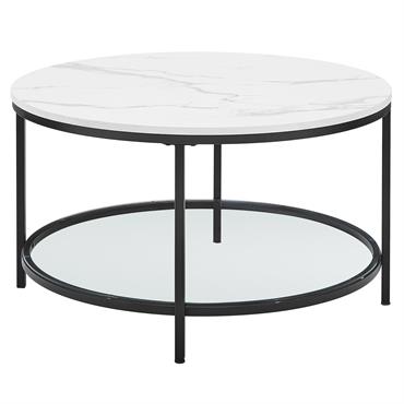 Table basse effet bois verre trempé acier blanc marbré et noir