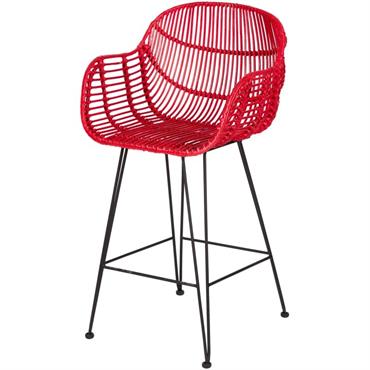 Chaise haute de bar en rotin rouge et métal