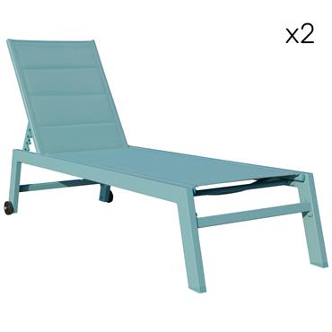 Lot de 2 bains de soleil en textilène et aluminium bleu clair