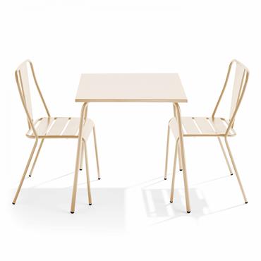 Ensemble table de jardin carrée et 2 chaises bistrot ivoire