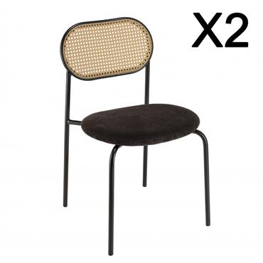 Lot de 2 chaises assise tissu noir dossier effet cannage et métal
