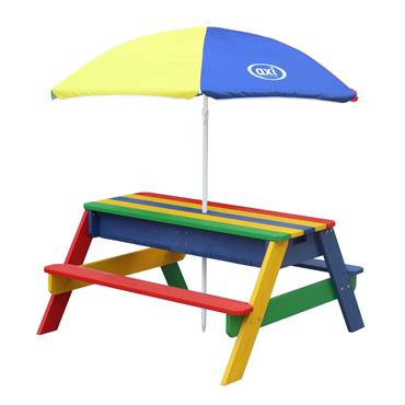 Table sable et eau avec parasol arc en ciel