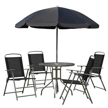 Salon de jardin 4 places 6 pièces acier café textilène polyester noir