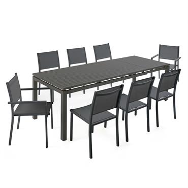 Avec un design haute qualité et un style moderne, la table à rallonge, ainsi que ses chaises et fauteuils, sont conçus avec des matériaux résistants à l'humidité et aux rayons. ...
