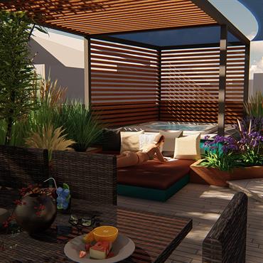 Projet d'aménagement d'un jardin avec un espace piscine à débordement et un espace spa, le tout sur une terrasse convivial  Domozoom