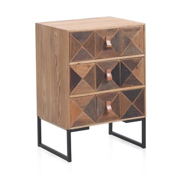 Table de chevet en frêne recyclé 3 tiroirs et base métallique