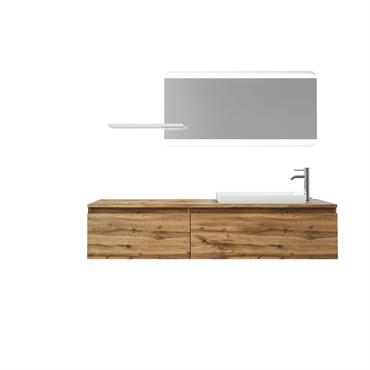 Ensemble salle de bain 6 pièces AURORA chêne miel• base suspendue en mélamine anti-rayures chêne miel• vasque en résine blanc mat avec couvercle blanc mat• nr.2 tiroirs avec coulissement et ...