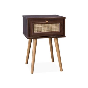 Table de chevet effet bois foncé  / cannage 1 tiroir