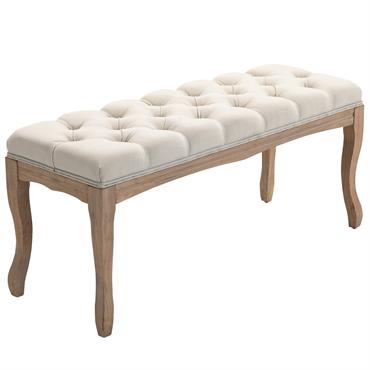 Banc banquette capitonnée style classique chic pieds bois lin beige