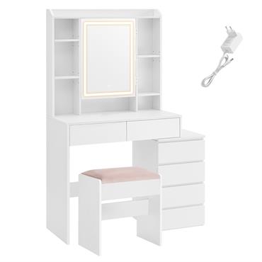 Coiffeuse avec grand miroir compartiments ouverts tabouret blanc nuage