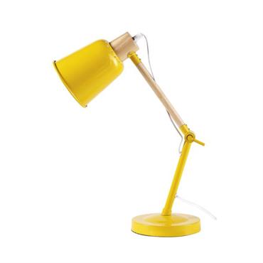 Lampe de bureau en métal jaune et hévéa