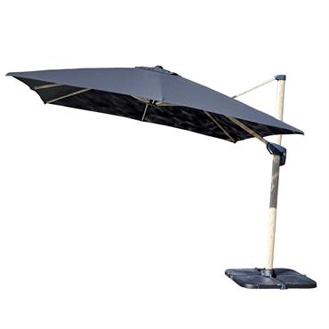 Avec une toile de format carrée 300x300cm ce parasol déporté se décline en deux couleurs (gris anthracite et gris perle).En aluminium effet bois, il dispose d'un poteau 86x55mm, de 8 ...