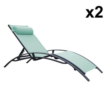 Lot de 2 transat en textilène vert d'eau et structure anthracite