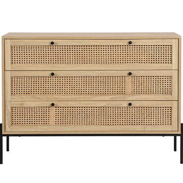Commode 3 tiroirs en cannage naturel et effet chêne 105 cm