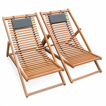 Ensemble de 2 chiliennes à lattes en bois d'eucalyptus