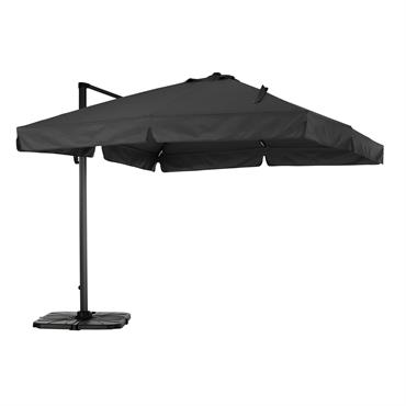 Parasol suspendu Milan ( H 240 x L 300 x PR 300 ) pour jardin ou terrasse avec jupe et un mât latéral très robuste en aluminium. Le tissu a ...