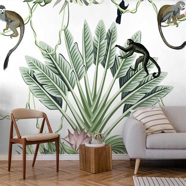 Papier peint panoramique singes et flamants tropicaux 364x270 cm