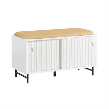 Banc à chaussures 2 portes coulissantes et 4 étagères effet bois blanc