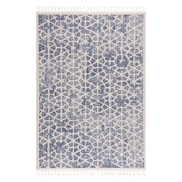 Tapis scandinave à franges tressées bleu et crème 80x150cm