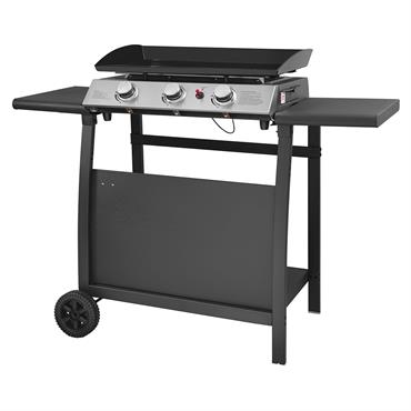 Plancha au gaz 3 brûleurs en acier noire sur chariot