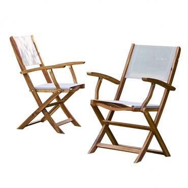 2 fauteuils de jardin en acacia massif et textilène gris