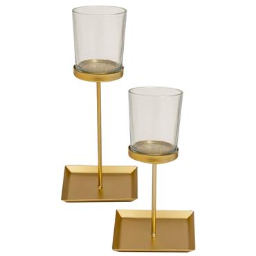 Set de 2 photophores sur pieds en verre et métal doré