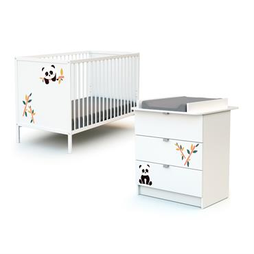 Chambre bébé lit et commode à langer en bois Panda Blanc ALBA