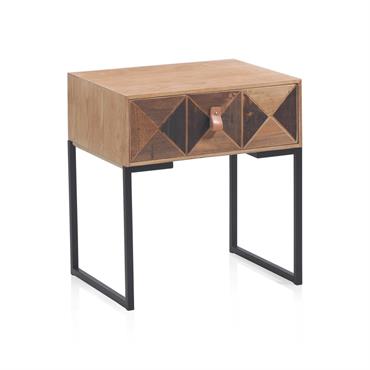 Table de chevet en frêne recyclé 1 tiroir et base en métal