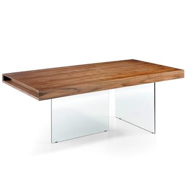 Table à manger en effet bois noyer et verre