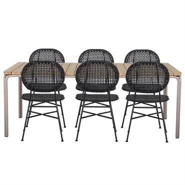 Ensemble table bois d'acacia  200 cm et 6 chaises  coloris noir
