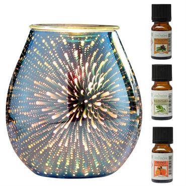 Diffuseur et Trio d'Huiles Essentielles en verre Bleu Effet 3D - H16