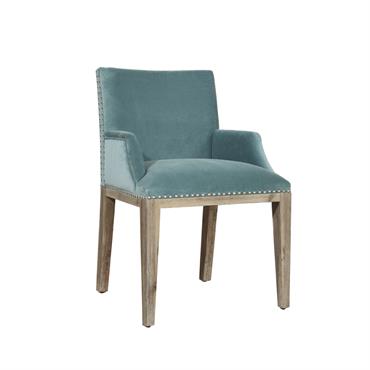KENZA - Fauteuil de table en velours et en bois clouté bleu arctique