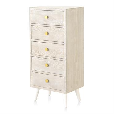 Commode 5 tiroirs en placage frêne patiné blanc