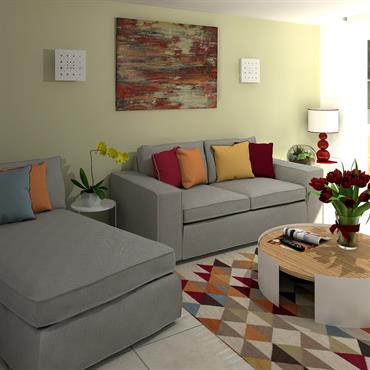 Dans une maison rénovée, proposition de décoration d'un salon, d'une salle à manger et d'une chambre dans un style contemporain, ... Domozoom