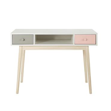 Bureau vintage blanc 2 tiroirs gris et rose