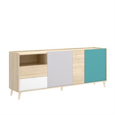BUFFET - Buffet de salon, Buffet de salon moderne avec 3 portes, 180x43h75 cm, Chêne et Gris.  STRUCTURE ET UTILISATION - Meuble de salon pratique, peu encombrant et multifonctionnel ...