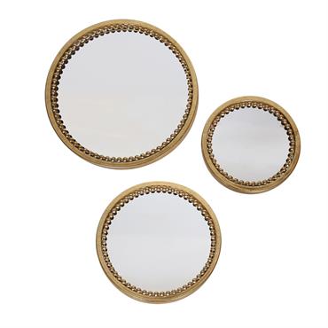 Lot de 3 miroirs ronds perles en métal doré 18