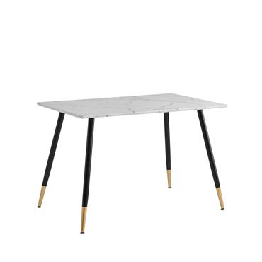 Table de salle à manger effet marbre blanc pieds noirs dorés