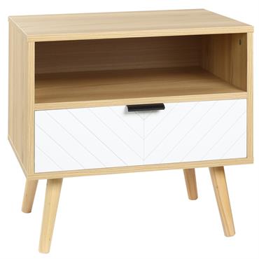 Chevet scandinave tiroir niche bois chevrons blanc aspect bois clair